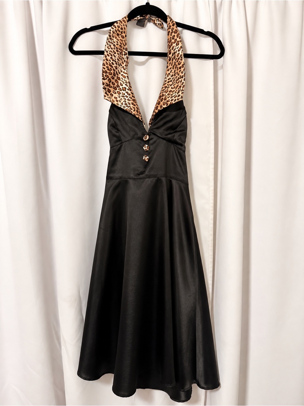 Rock Steady Vintage Y2K Black Satin Leopard Halter Dress Pin Up Rockabilly M